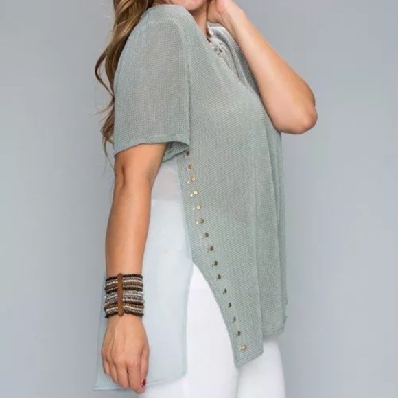 ❤️ Plus Vocal Sheer Mint Stud Chiffon Blouse Top - Picture 2 of 3